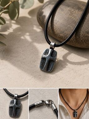James Avery Retired 925 Sculpted Medallion Cross Black leather Cord Necklace